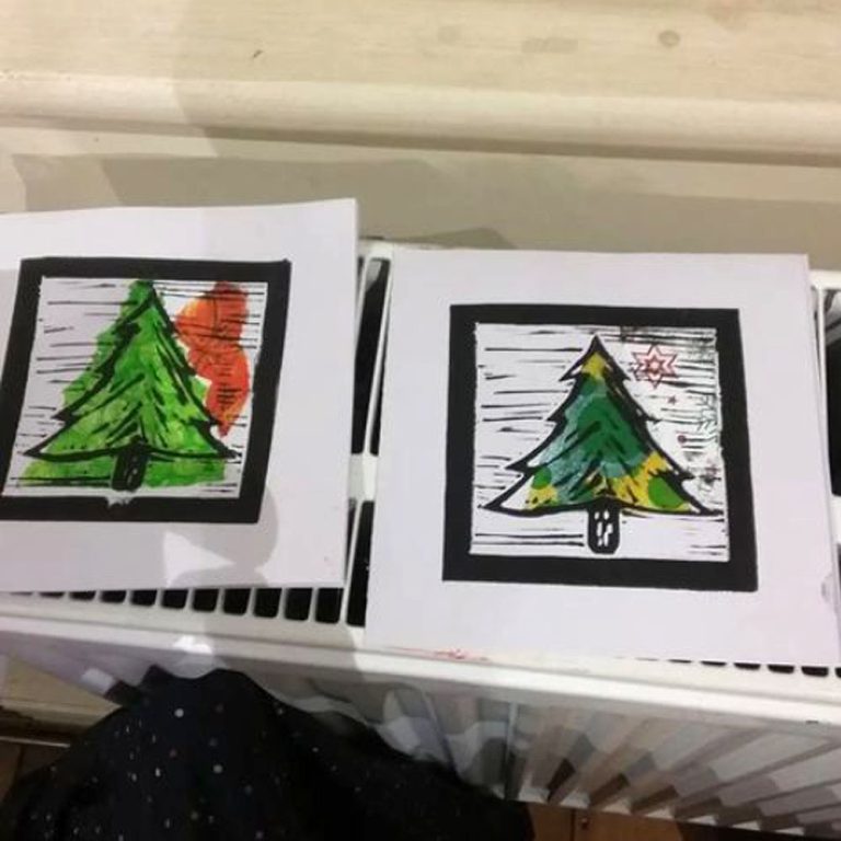 Student Showcase: chine collé lino printed Christmas cards