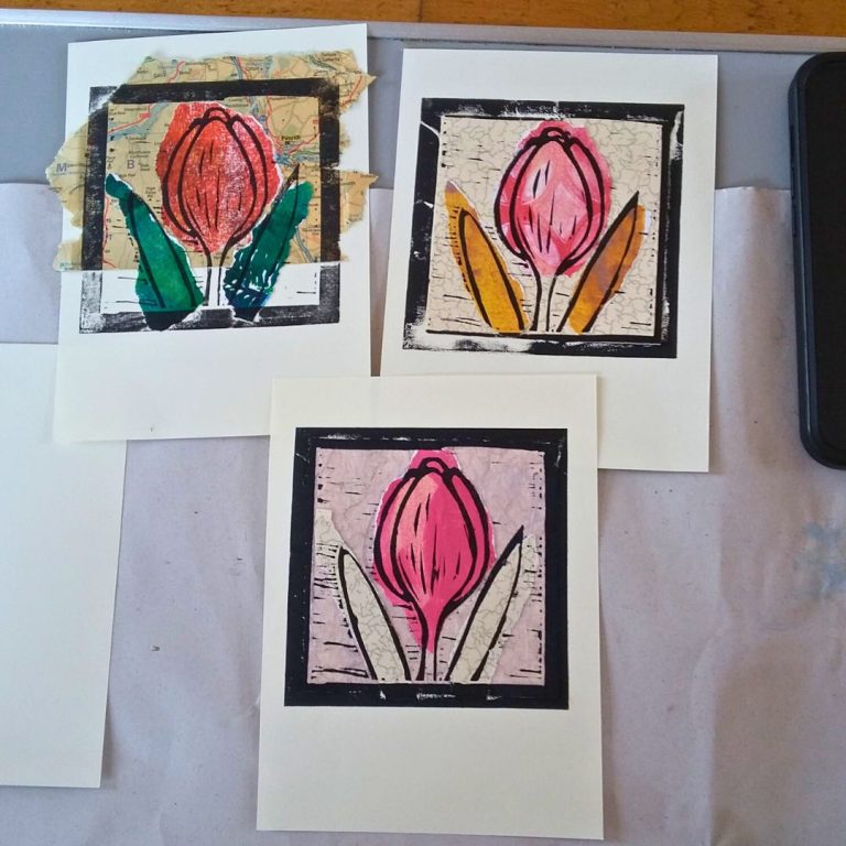 Student showcase – floral chine collé lino printing – Soulby