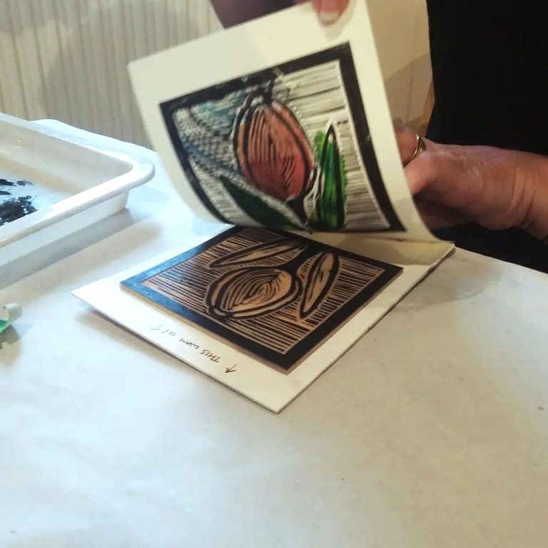 Student showcase: Chine collé floral lino printing with Breathing Space