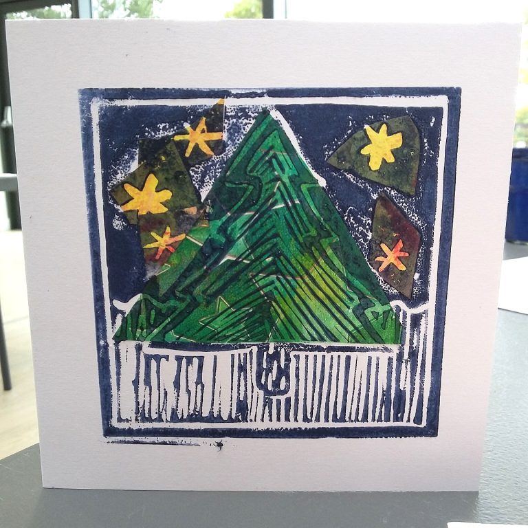 Student showcase: chine colle lino printed Christmas cards at Ellingham Village Hall