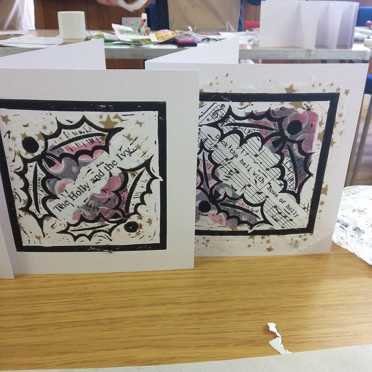 Student showcase: Christmas chine colle lino printing at Gleaston Village Hall