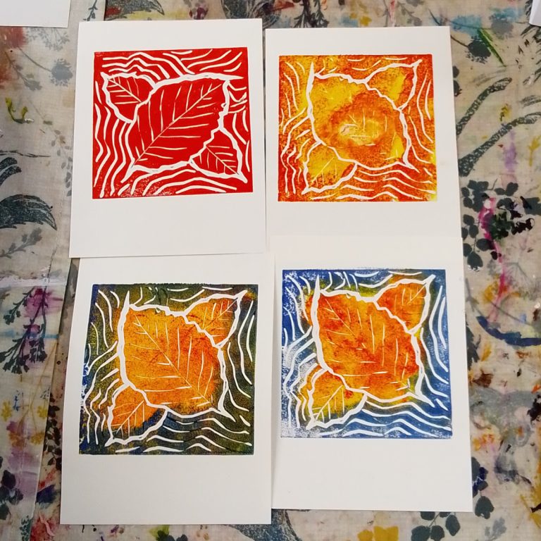 Student showcase: autumn leaves lino printing at Land of Oak and Iron